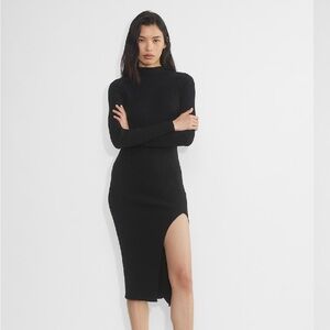 Wilfred Classic Black Knit Long Sleeve Dress Mock Neck High Thigh Slit Sz M